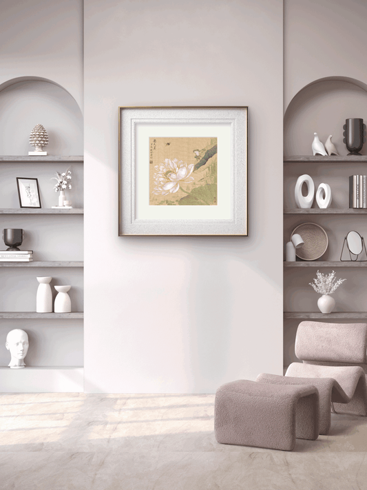 framed chinese brush painting lotus​ flower​ and frog
