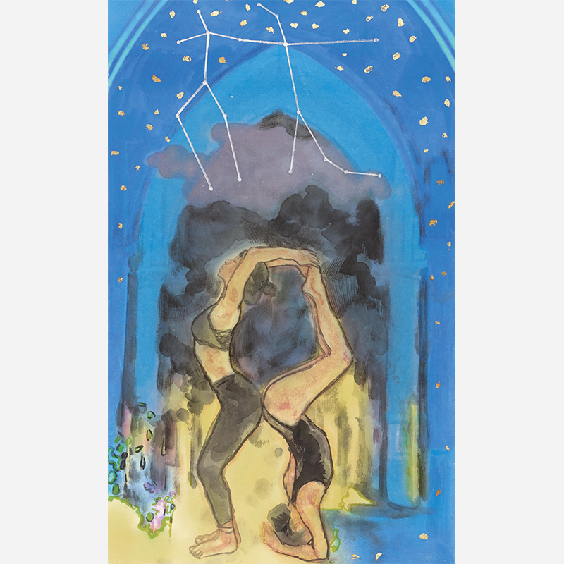 constellation-inspired wall painting featuring a Gemini constellation against a blue sky