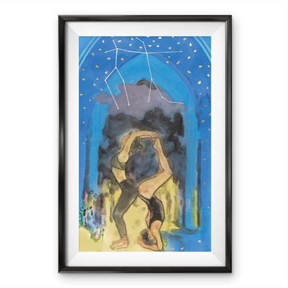 constellation-inspired wall painting featuring a Gemini constellation against a blue sky