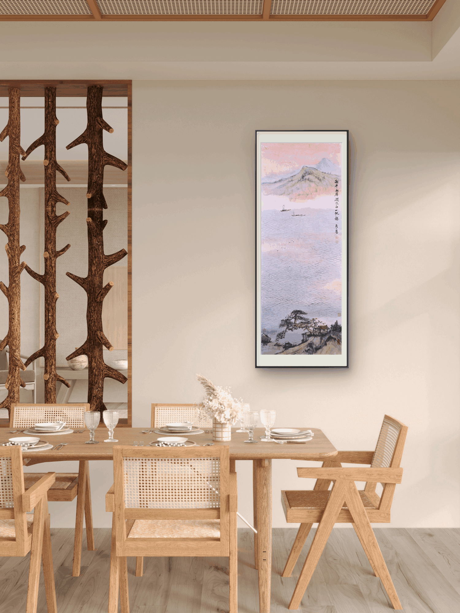 Large-sized Asian-themed pine tree scroll wall hanging to cover electricity meter box