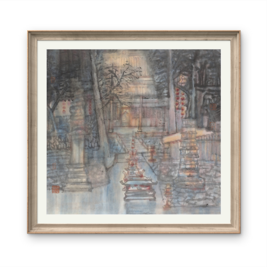 Oriental Chinese ancient architecture hand-painted original painting, green, lavender