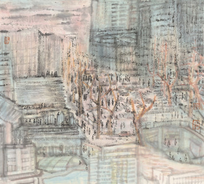 Oriental China Hangzhou Longxiang Bridge architectural figures lavender, green impressionist artwork