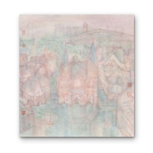 "Lucerne Town" - 45 x 48cm, framed. This is an original ink and color painting on paper by Chen Xiaoming. This painting is executed using ink on 