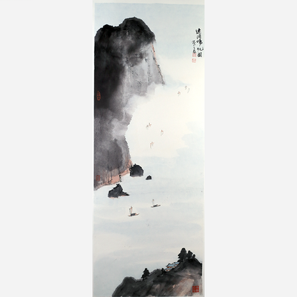 Mountain peaks and river boats in the sea of clouds - 38.19 x 13.39" - Sigurai