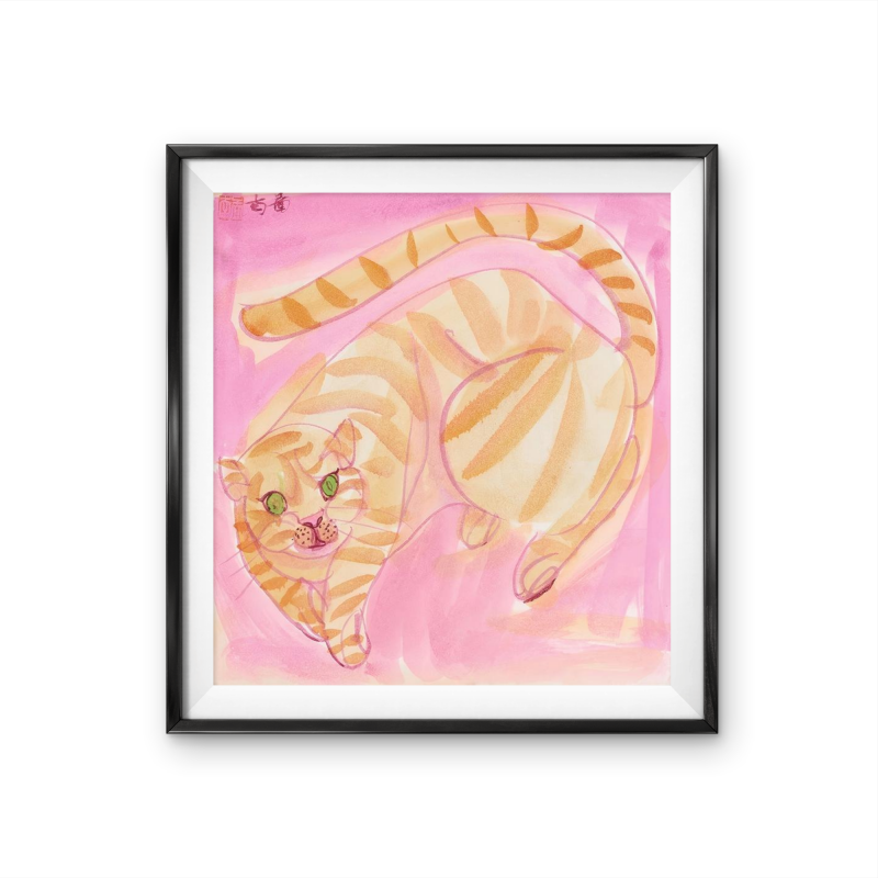 Modern Orange Cat Artwork for Gray Wall Decor