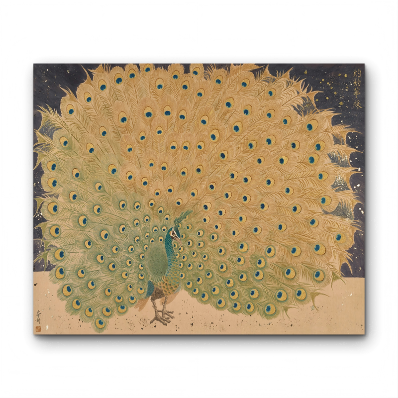 Contemporary Green Peacock Spreading its Tail: Ink Splashing on Rice Paper, Freehand Painting by Qi Baishi's Heir