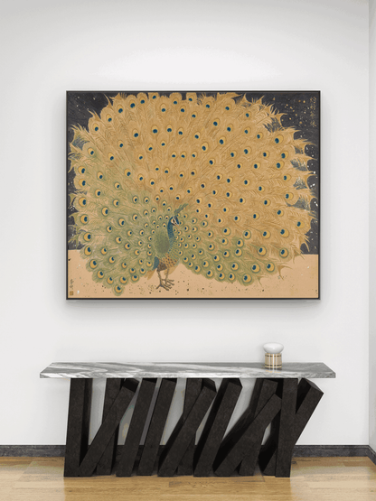 Contemporary Green Peacock Spreading its Tail: Ink Splashing on Rice Paper, Freehand Painting by Qi Baishi's Heir