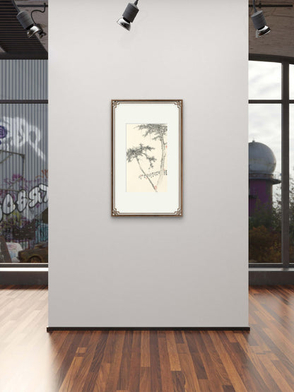 framed Chinese ink painting of pine trees for entryway wall decoration: hand-painted and textured - Sigurai