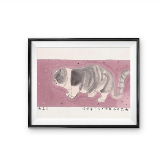 Pink Background Black and White Cat Art Wall Painting