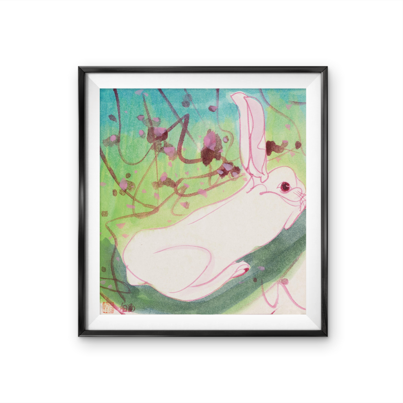 Green background pink rabbit geometric pattern living room bedroom decorative painting