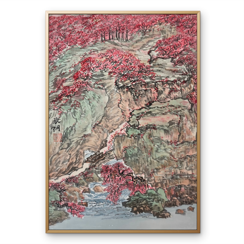 New Chinese style Hongyun Dangtou hand-painted oil painting landscape backing mountain Chinese painting living room decorative painting red porch texture hanging painting