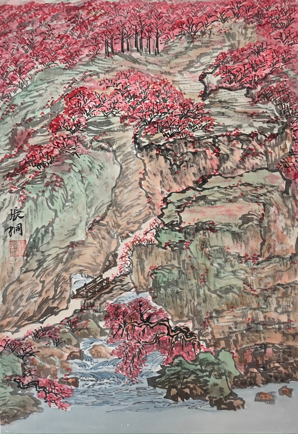 New Chinese style Hongyun Dangtou hand-painted oil painting landscape backing mountain Chinese painting living room decorative painting red porch texture hanging painting