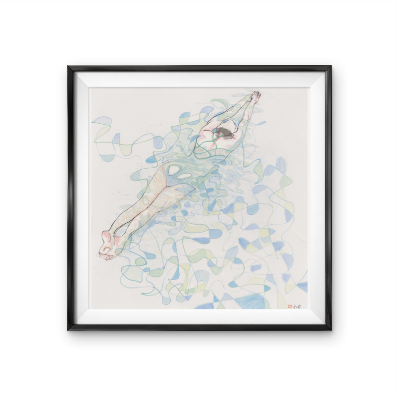 Modern abstract framed painting of a woman swimming for your living room