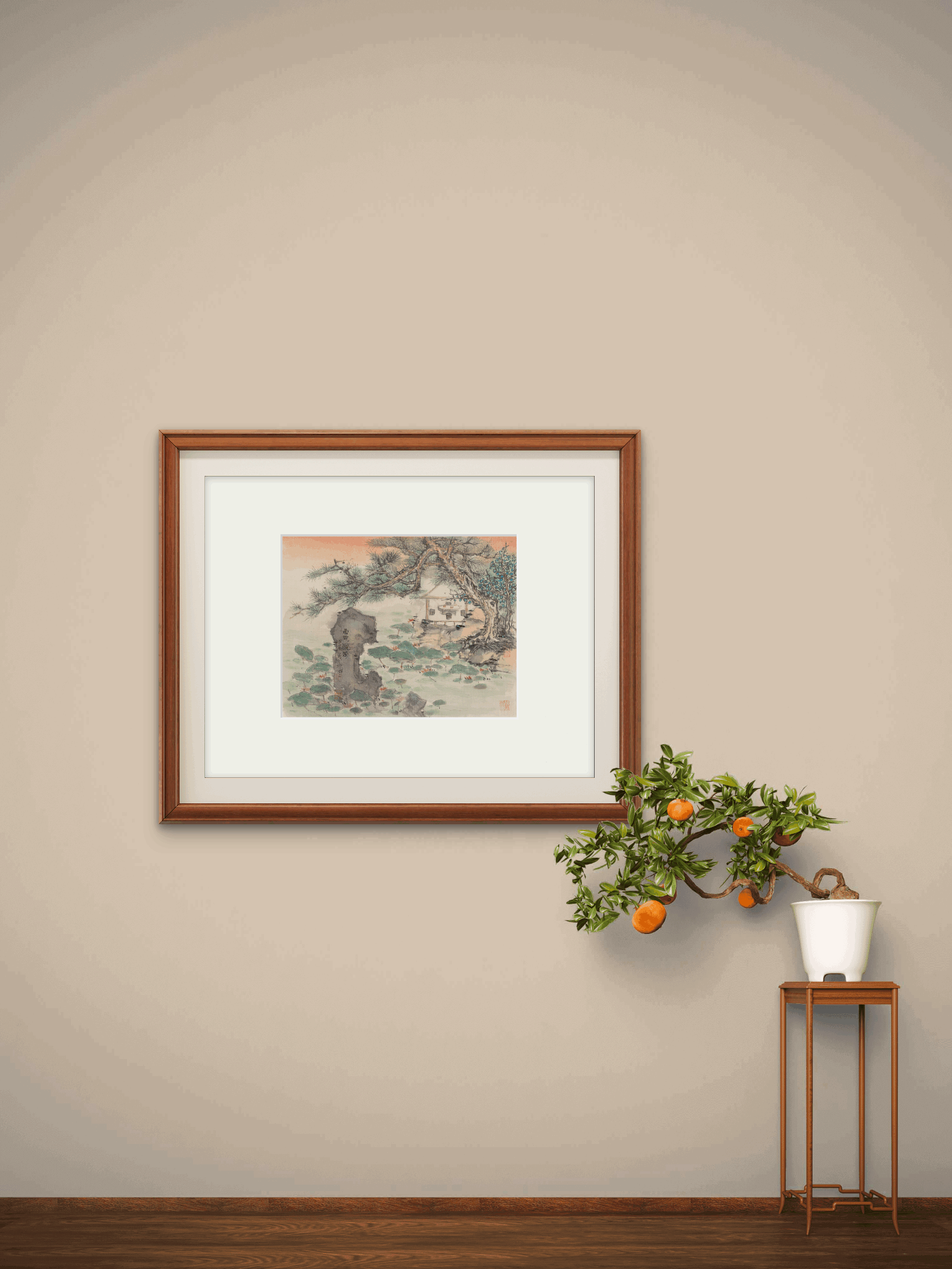 Wise Figure by the Serene Lake: Tranquil Reflections - 10.24 x 9.06" - Sigurai