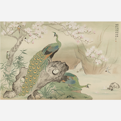 Explore exquisite two-peacock Gongbi silk paintings—traditional Chinese meticulous art with vivid details for home decor.