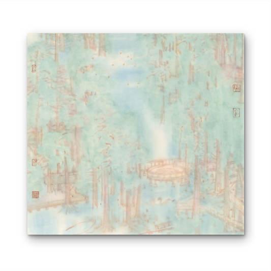 An original handmade ink and color painting on paper by artist Chen Xiaoming. A soft, impressionistic mountain stream landscape in muted tones. This painting evokes calm and tranquility, perfect for a relaxing space.