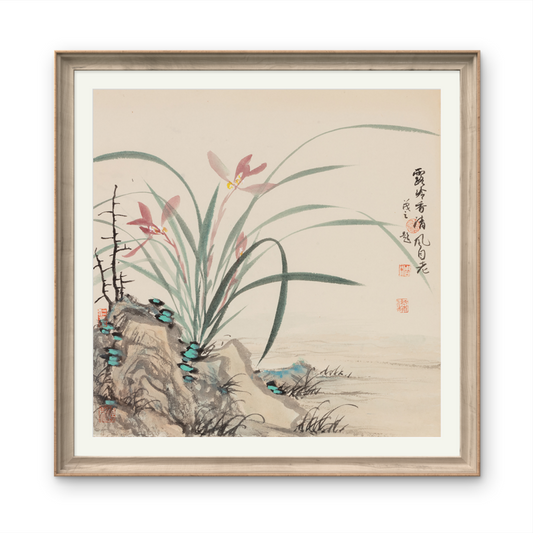 Small-sized orchid landscape painting with an Oriental/Asian theme