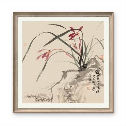Small-sized orchid landscape painting with an Oriental/Asian theme