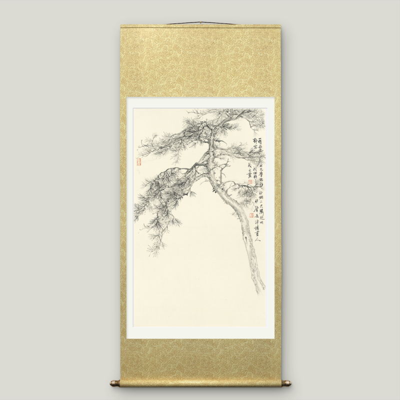 Large-sized Asian-themed pine tree scroll wall hanging to cover electricity meter box
