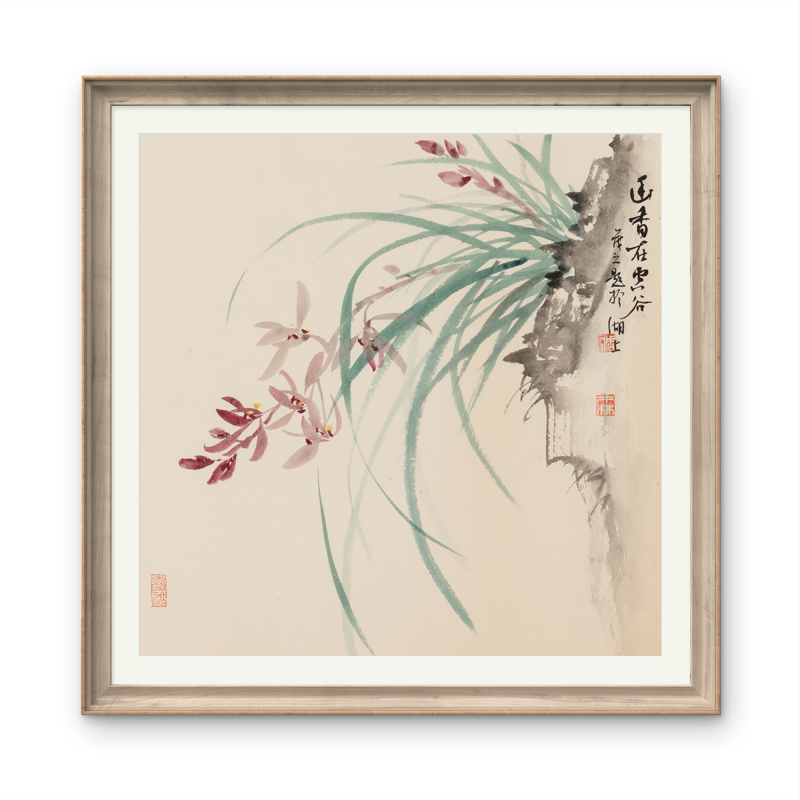 Small-sized orchid landscape painting with an Oriental/Asian theme